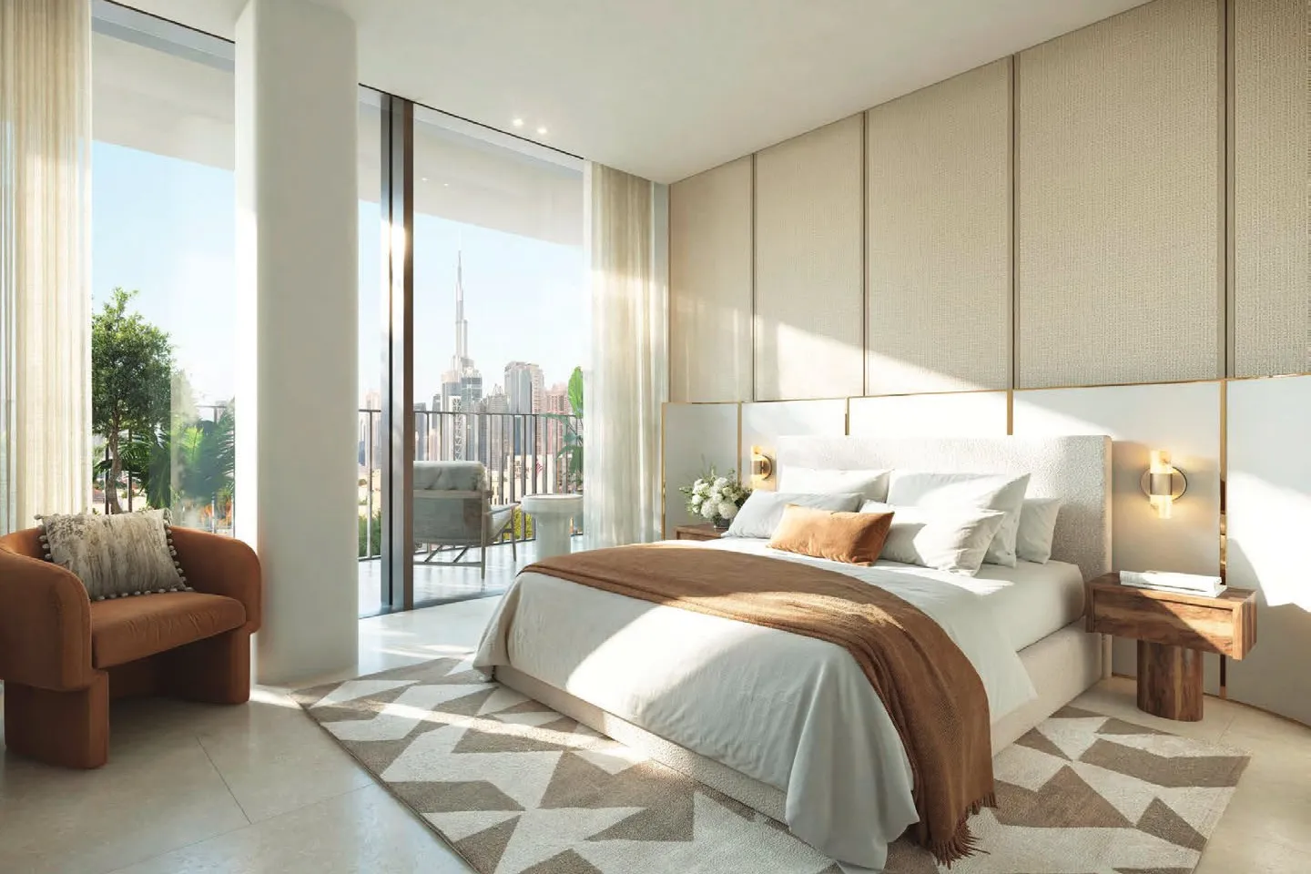 Bright bedroom opening onto a balcony with Burj Khalifa view